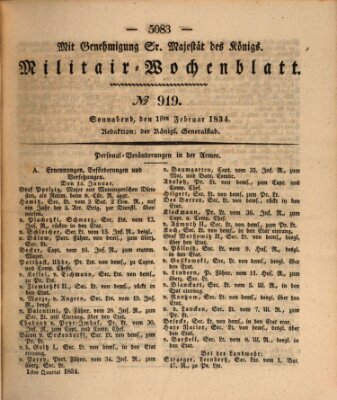 Militär-Wochenblatt Samstag 1. Februar 1834