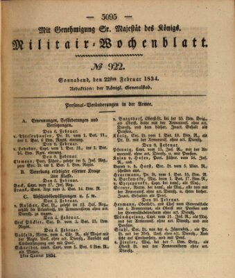 Militär-Wochenblatt Samstag 22. Februar 1834