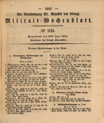 Militär-Wochenblatt Samstag 21. Juni 1834