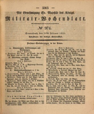 Militär-Wochenblatt Samstag 21. Februar 1835