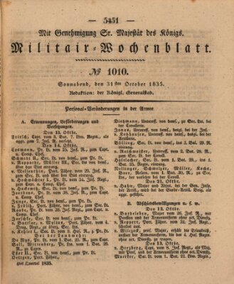 Militär-Wochenblatt Samstag 31. Oktober 1835