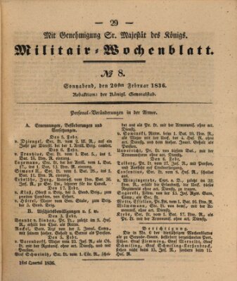 Militär-Wochenblatt Samstag 20. Februar 1836