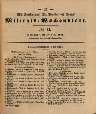 Militär-Wochenblatt Samstag 2. April 1836