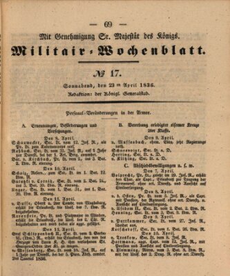 Militär-Wochenblatt Samstag 23. April 1836