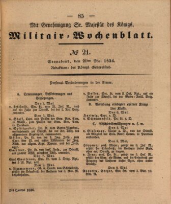 Militär-Wochenblatt Samstag 21. Mai 1836