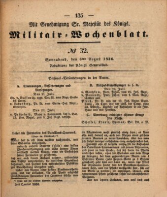 Militär-Wochenblatt Samstag 6. August 1836