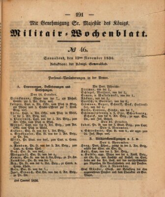 Militär-Wochenblatt Samstag 12. November 1836