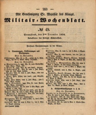 Militär-Wochenblatt Samstag 3. Dezember 1836