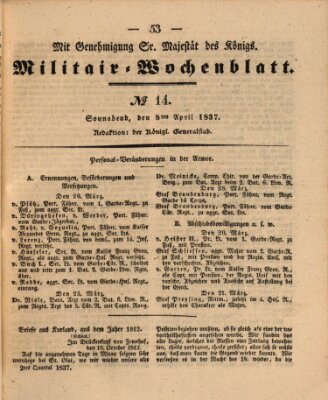 Militär-Wochenblatt Samstag 8. April 1837