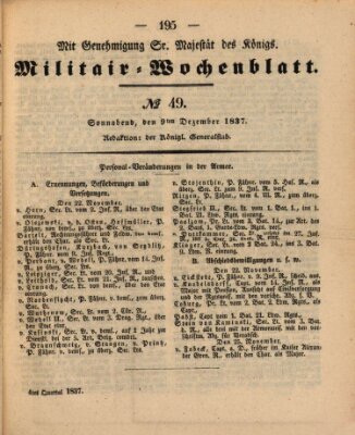 Militär-Wochenblatt Samstag 9. Dezember 1837