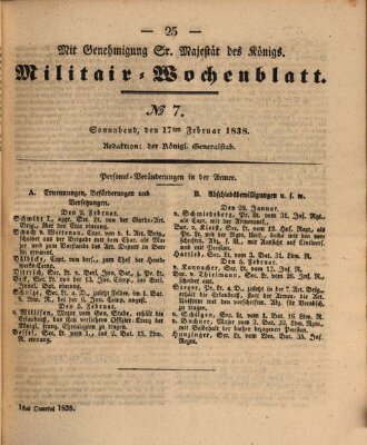 Militär-Wochenblatt Samstag 17. Februar 1838