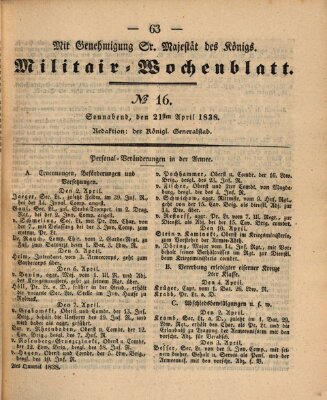 Militär-Wochenblatt Samstag 21. April 1838