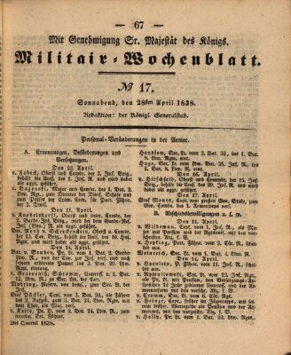 Militär-Wochenblatt Samstag 28. April 1838