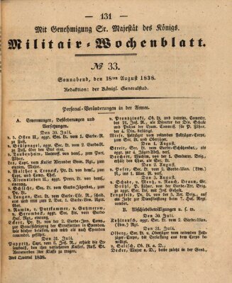 Militär-Wochenblatt Samstag 18. August 1838