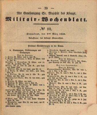 Militär-Wochenblatt Samstag 9. März 1839