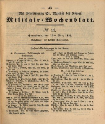 Militär-Wochenblatt Samstag 16. März 1839