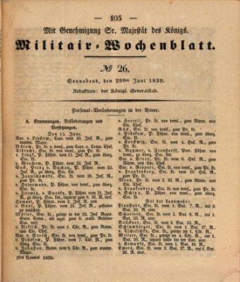 Militär-Wochenblatt Samstag 29. Juni 1839