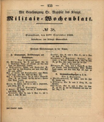 Militär-Wochenblatt Samstag 21. September 1839