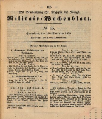 Militär-Wochenblatt Samstag 16. November 1839