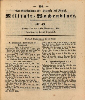 Militär-Wochenblatt Samstag 30. November 1839