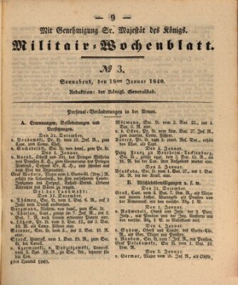 Militär-Wochenblatt Samstag 18. Januar 1840