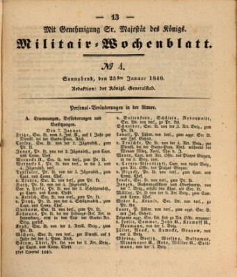 Militär-Wochenblatt Samstag 25. Januar 1840