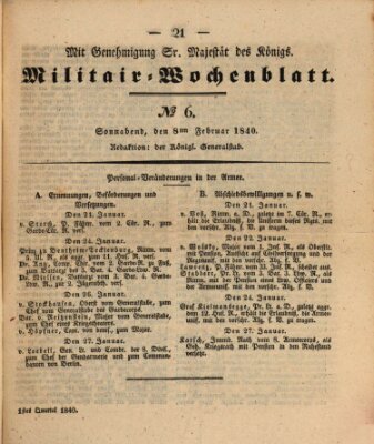 Militär-Wochenblatt Samstag 8. Februar 1840