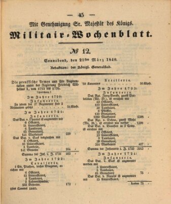 Militär-Wochenblatt Samstag 21. März 1840