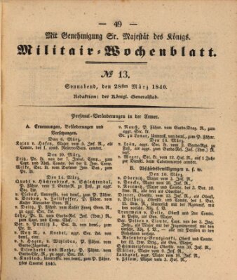 Militär-Wochenblatt Samstag 28. März 1840