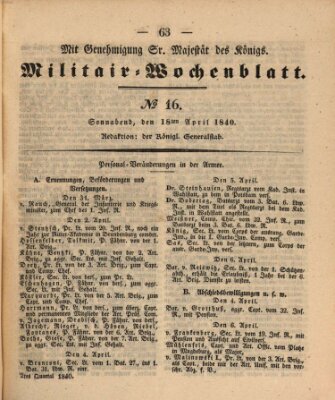 Militär-Wochenblatt Samstag 18. April 1840