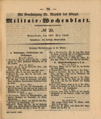 Militär-Wochenblatt Samstag 16. Mai 1840