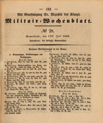 Militär-Wochenblatt Samstag 11. Juli 1840