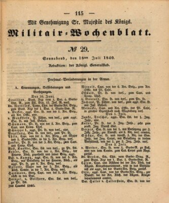 Militär-Wochenblatt Samstag 18. Juli 1840