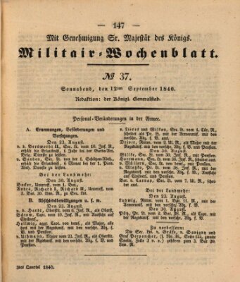 Militär-Wochenblatt Samstag 12. September 1840