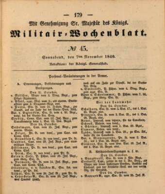 Militär-Wochenblatt Samstag 7. November 1840