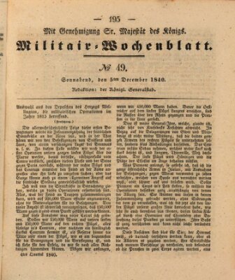 Militär-Wochenblatt Samstag 5. Dezember 1840