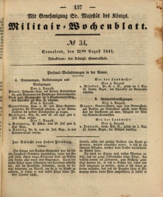 Militär-Wochenblatt Samstag 21. August 1841