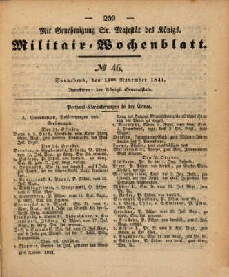 Militär-Wochenblatt Samstag 13. November 1841