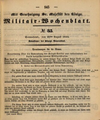 Militär-Wochenblatt Samstag 31. August 1844