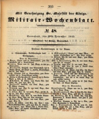 Militär-Wochenblatt Samstag 29. November 1845