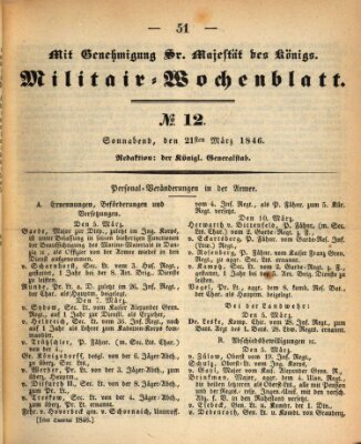 Militär-Wochenblatt Samstag 21. März 1846