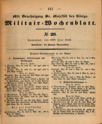 Militär-Wochenblatt Samstag 27. Juni 1846