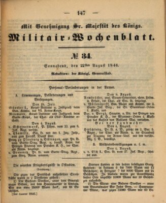 Militär-Wochenblatt Samstag 22. August 1846