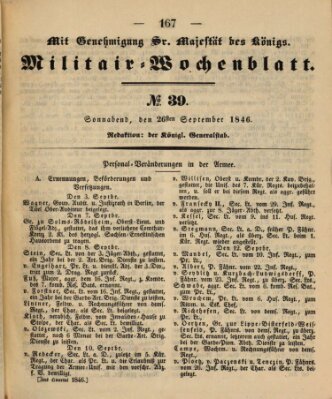 Militär-Wochenblatt Samstag 26. September 1846