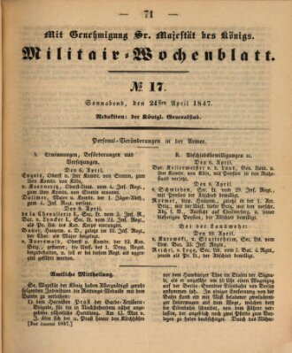 Militär-Wochenblatt Samstag 24. April 1847