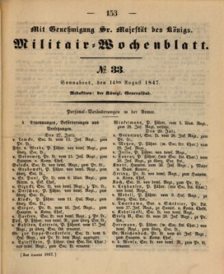 Militär-Wochenblatt Samstag 14. August 1847