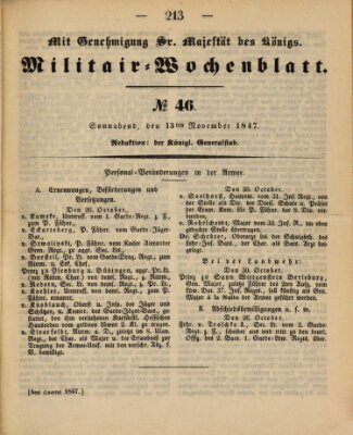 Militär-Wochenblatt Samstag 13. November 1847