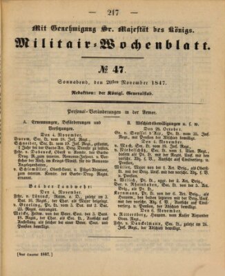 Militär-Wochenblatt Samstag 20. November 1847