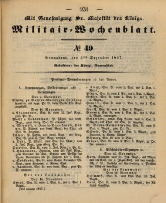 Militär-Wochenblatt Samstag 4. Dezember 1847