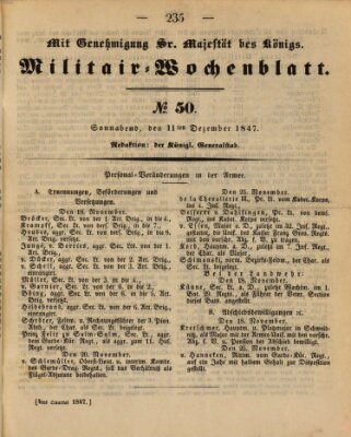 Militär-Wochenblatt Samstag 11. Dezember 1847